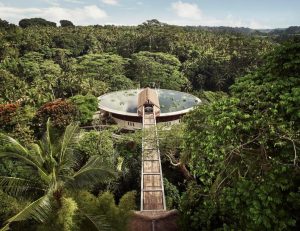 An aerial view of a large circular rooftop lotus pond and a wooden suspension bridge at Four Seasons Resort Bali at Sayan, surrounded by a dense tropical rainforest under a clear sky.
