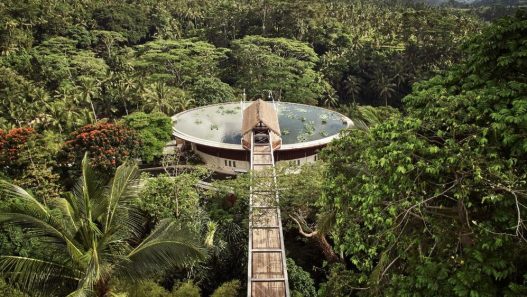 An aerial view of a large circular rooftop lotus pond and a wooden suspension bridge at Four Seasons Resort Bali at Sayan, surrounded by a dense tropical rainforest under a clear sky.